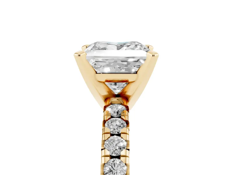 Princess Cut Diamond Solitaire Pavé Engagement Ring Set in Yellow gold with Round Band and Prong Setting