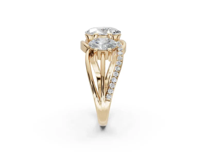 Oval Three Stone Split Shank Engagement Ring Setting | Matching Sides | Yellow Gold