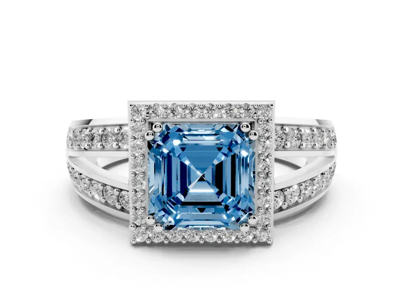 Fancy Blue Asscher Cut Diamond Halo Ring Set in White gold with Double Pavé Split Shank