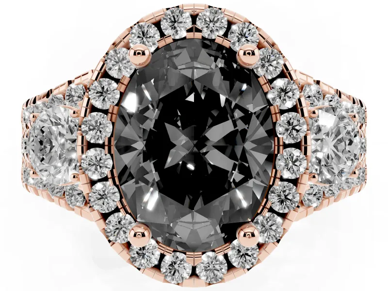Oval Halo Split Shank Engagement Ring Setting for a Black Center | Round Side Stones | Rose Gold