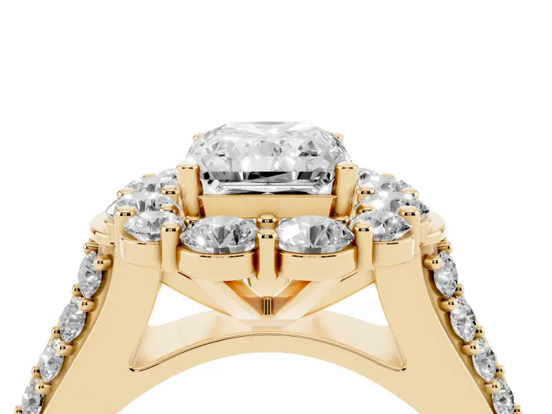 Radiant Cut Diamond Halo Engagement Ring Set in Yellow gold with Split Shank and Prong Setting