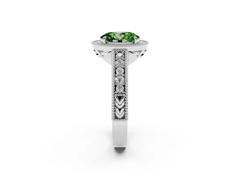 Fancy Green Oval Cut Diamond Halo Ring Set in Platinum with Round Accent Halo, Pavé Band and Prong Setting
