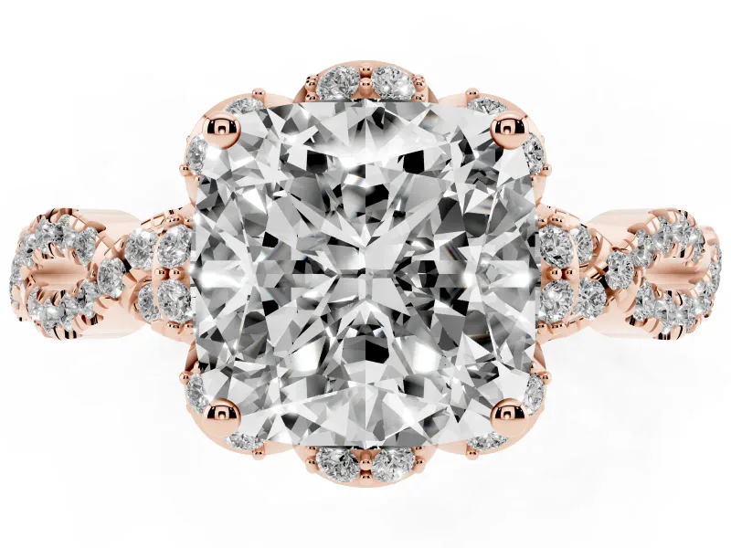 Cushion Cut Diamond Halo Twist Band Solitaire Ring Set in Rose gold with Prong-Set Center Stone
