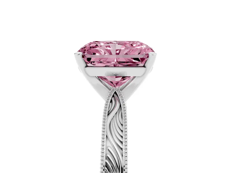 Fancy Pink Radiant Cut Diamond Solitaire Milgrain Engraved Band Set in Silver with Prong Setting