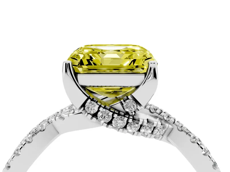 Fancy Yellow Asscher Cut Diamond Twist Pavé Solitaire Engagement Ring Set in Platinum with Prong Setting
