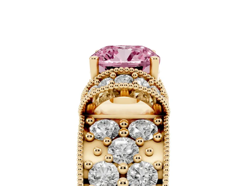 Fancy Pink Cushion Cut Diamond Milgrain Halo Pavé Engagement Ring Set in Yellow gold with Prong Setting