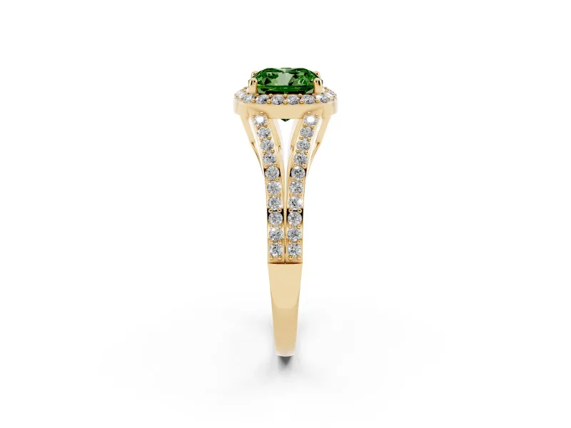 Cushion Cut Halo Engagement Ring Setting for a Fancy Green Lab-Grown Diamond | V-Split Pavé Band | Yellow Gold