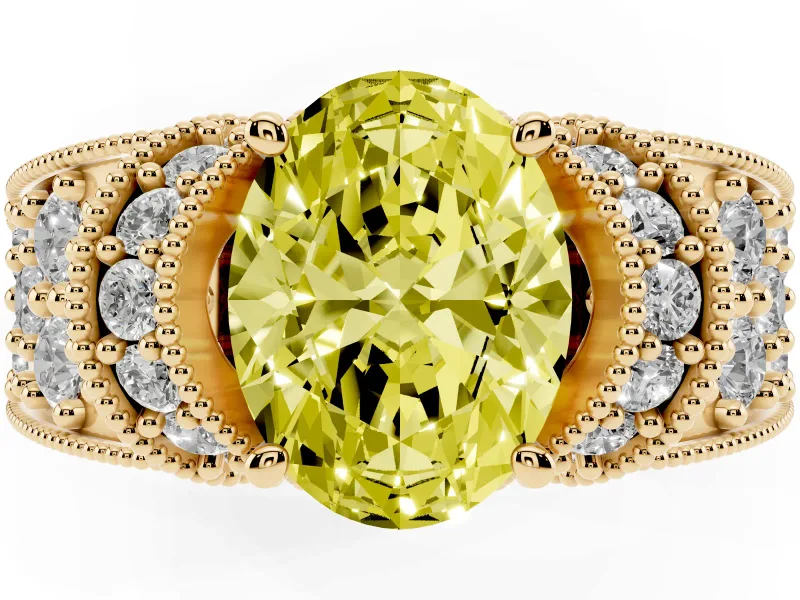 Oval Vintage Pave Engagement Ring Setting for a Fancy Yellow Lab-Grown Diamond | Milgrain Edges | Yellow Gold