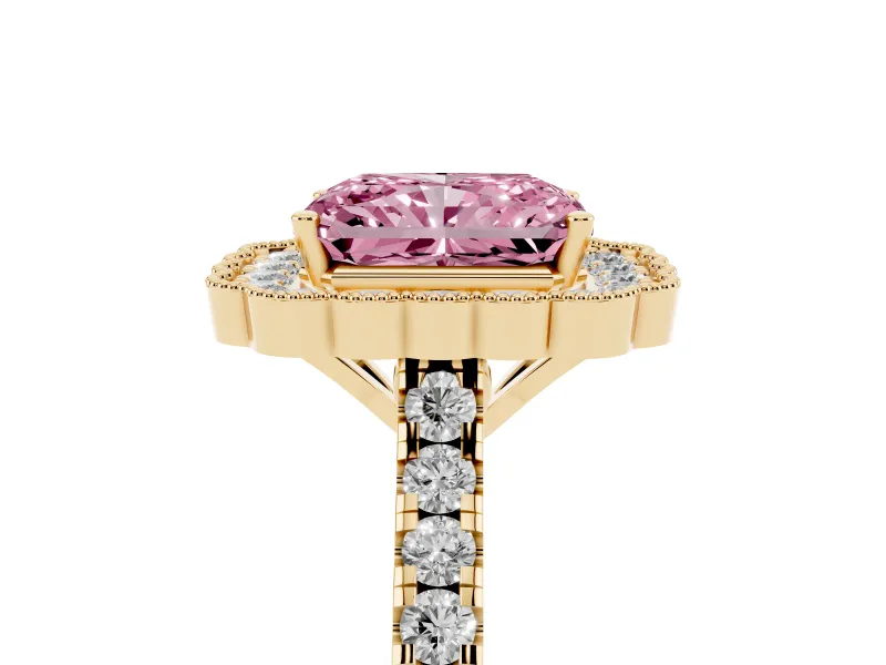 Fancy Pink Radiant Cut Diamond Milgrain Floral Halo Engagement Ring Set in Yellow gold with Pavé Band