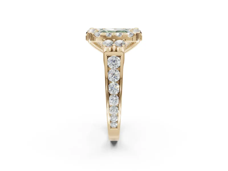 Radiant Cut Halo Engagement Ring Setting for a Fancy Green Lab-Grown Diamond | Graduated Channel Band | Yellow Gold