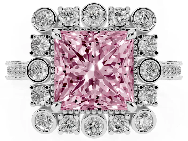 Fancy Pink Princess Cut Diamond Halo Milgrain Pavé Ring Set in White gold with Prong Setting