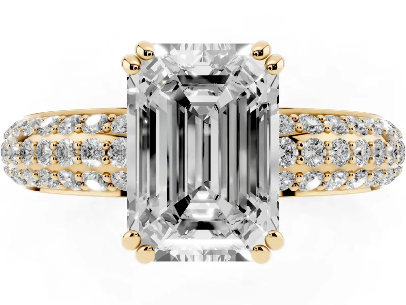 Emerald Cut Three Row Pave Solitaire Engagement Ring Setting | Double Claw Prongs | Yellow Gold