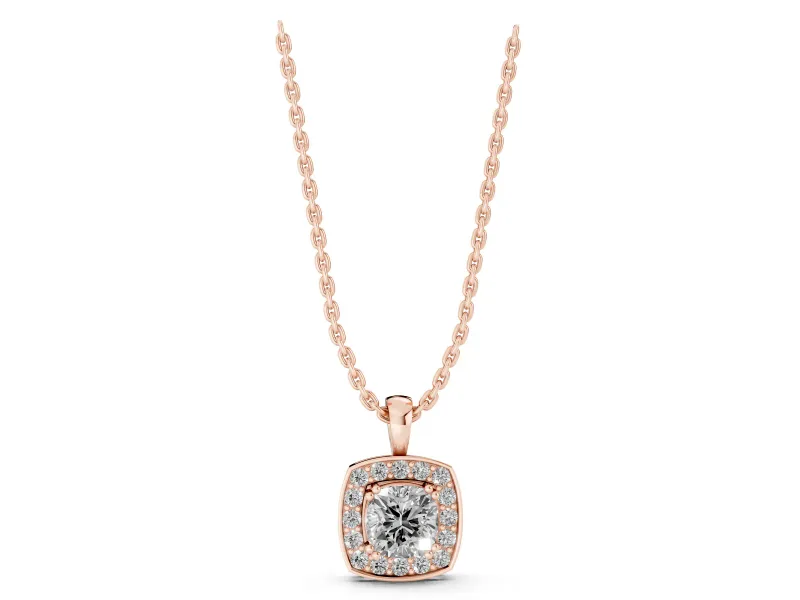 Cushion Cut Lab-Grown Diamond Halo Pendant Necklace | Plain Bail | Rose Gold