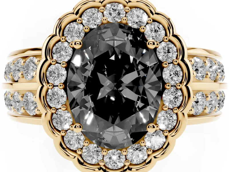 Fancy Black Oval Cut Diamond Scalloped Halo Ring Set in Yellow gold with Pavé Split Shank