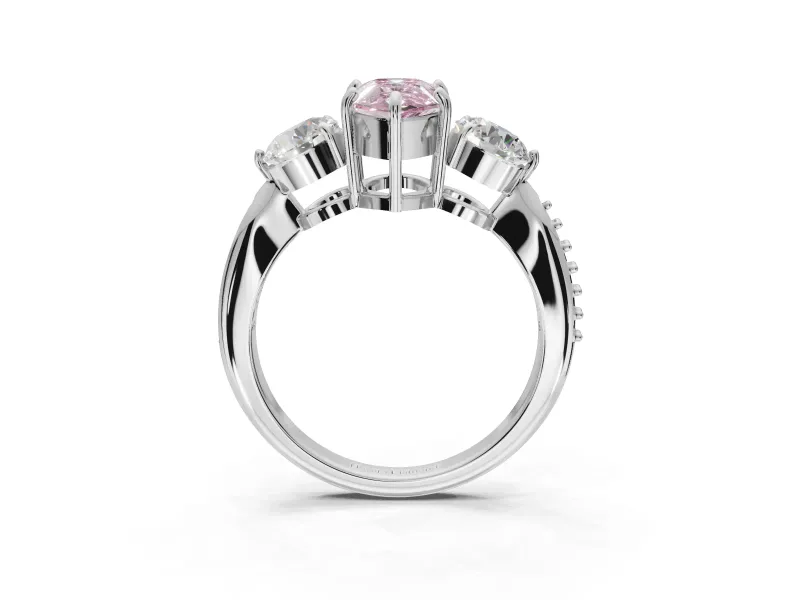 Pear-Shaped Three Stone Engagement Ring Setting for a Fancy Pink Lab-Grown Diamond | Tapered Pave Band | Platinum