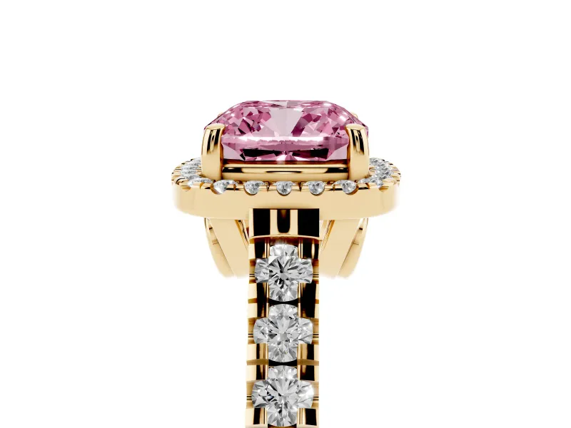 Cushion Cut Accented Halo Engagement Ring Setting for a Fancy Pink Lab-Grown Diamond | Yellow Gold