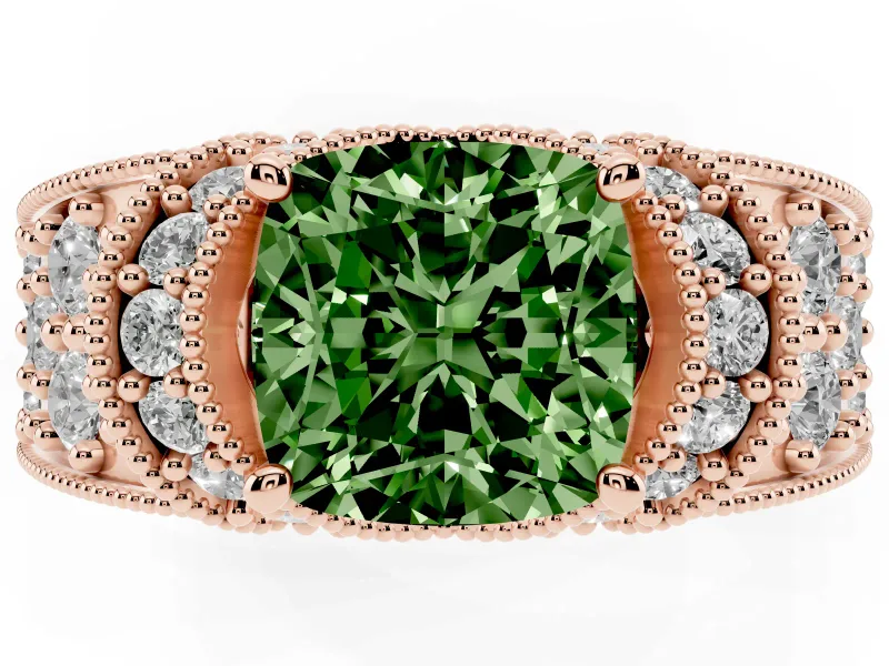 Cushion Cut Vintage Pave Engagement Ring Setting for a Fancy Green Lab-Grown Diamond | Milgrain Edges | Rose Gold