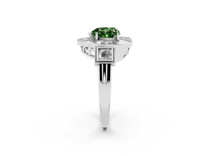 Fancy Green Heart Cut Diamond Milgrain Halo Ring Set in Platinum with Split Shank