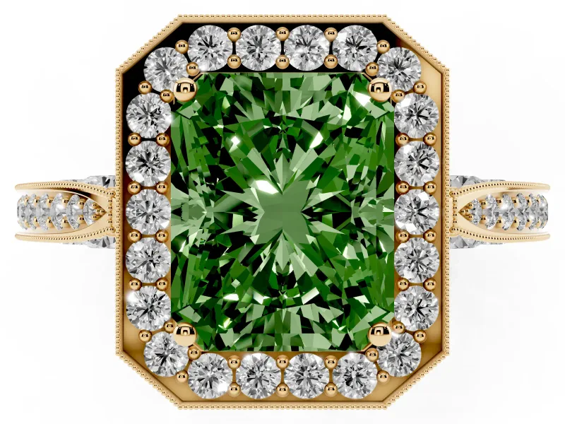 Radiant Cut Milgrain Halo Engagement Ring Setting for a Fancy Green Lab-Grown Diamond | Side Stones | Yellow Gold