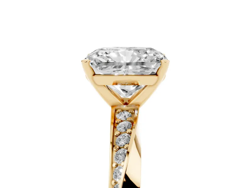 Radiant Cut Diamond Engagement Ring Set in Yellow gold with Side Stone Accents and Prong Setting