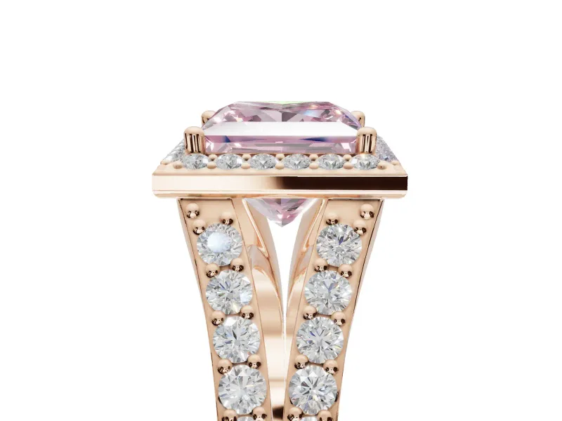 Princess Cut Halo Pavé Engagement Ring Setting for a Fancy Pink Lab-Grown Diamond | Narrow Split Shank | Rose Gold
