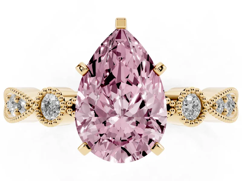 Fancy Pink Pear Cut Diamond Solitaire Engagement Ring Set in Yellow gold with Milgrain Bezel Accent Band