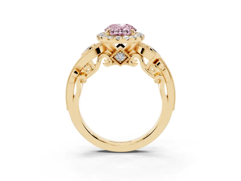 Fancy Pink Oval Cut Diamond Halo Ring Set in Yellow gold with Milgrain Pavé Band and Prong Setting