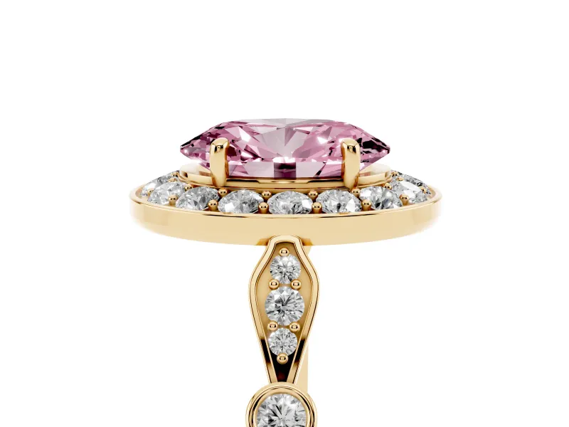Oval Halo Engagement Ring Setting for a Fancy Pink Lab-Grown Diamond | Bezel Stations | Yellow Gold