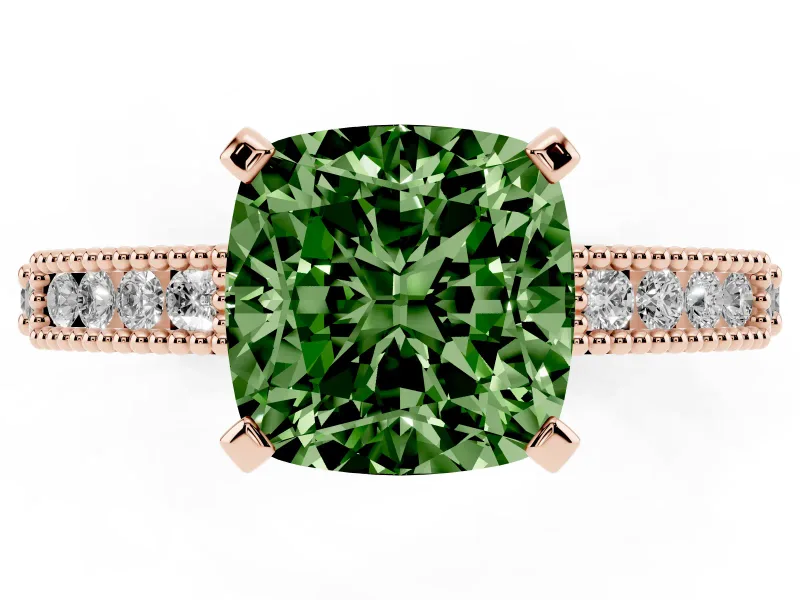 Fancy Green Cushion Cut Diamond Solitaire Ring Set in Rose gold with Slim Pavé Band and Prong Setting