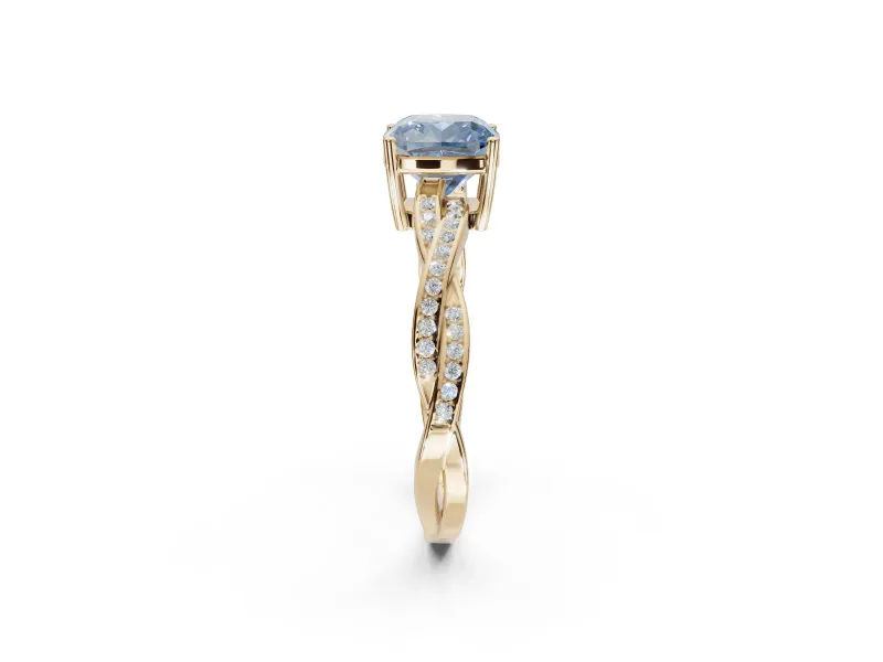 Cushion Cut Twisted Pavé Solitaire Engagement Ring Setting for a Fancy Blue Lab-Grown Diamond | Yellow Gold