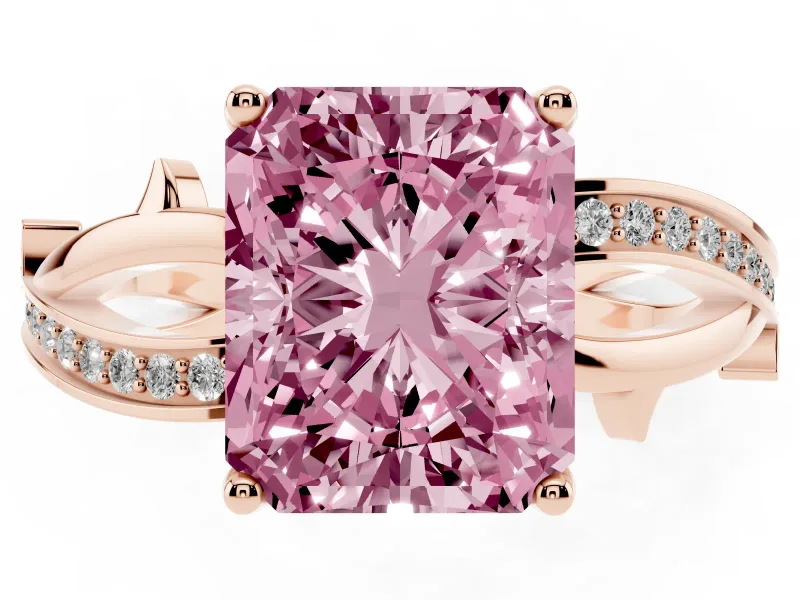 Fancy Pink Radiant Cut Diamond Pavé Twist Band Solitaire Ring Set in Rose gold with Prong Setting