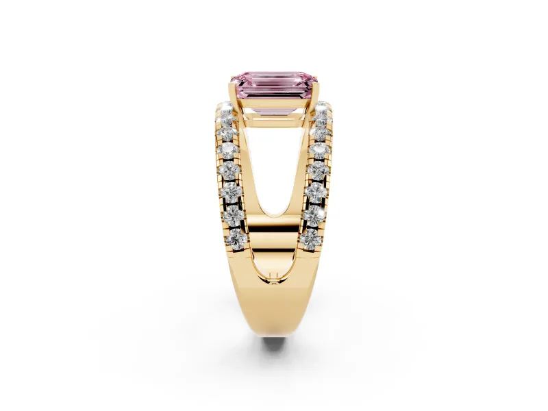 Emerald Cut Split Shank Pavé Engagement Ring Setting for a Fancy Pink Lab-Grown Diamond | Yellow Gold