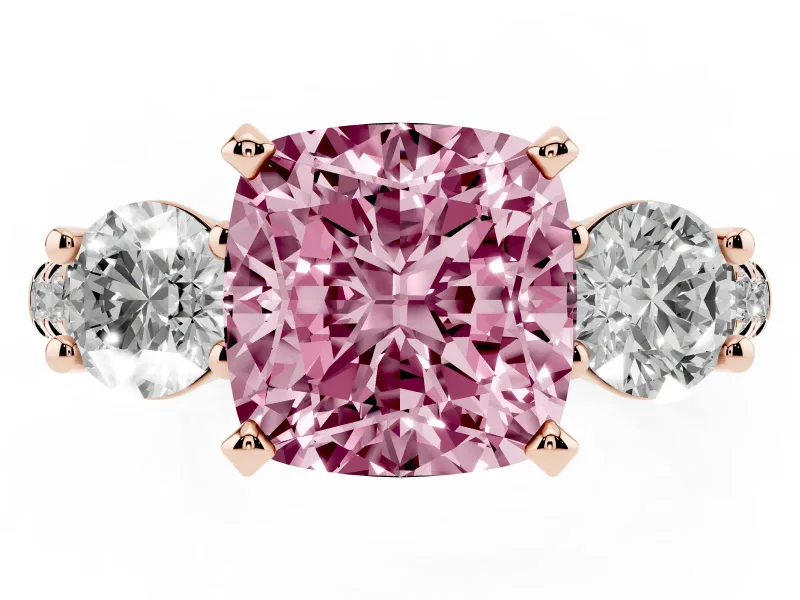 Cushion Cut Three-Stone Engagement Ring Setting for a Fancy Pink Lab-Grown Diamond | Rose Gold