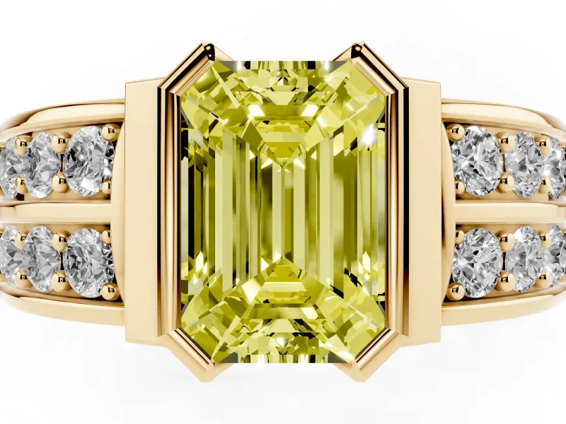 Emerald Cut Half Bezel Engagement Ring Setting for a Fancy Yellow Lab-Grown Diamond | Channel Band | Yellow Gold