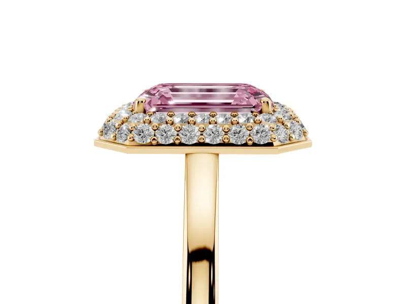 Fancy Pink Emerald Cut Diamond Halo Engagement Ring Set in Yellow gold with Solitaire Band and Prong Setting