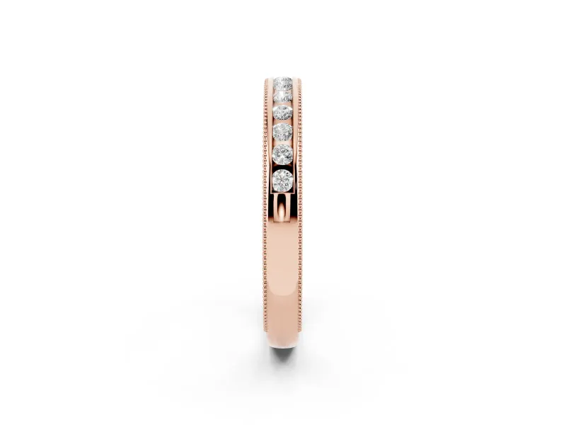 Round Diamond Channel Wedding Band Set in Rose gold with Milgrain Edges