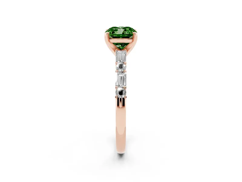 Cushion Cut Baguette Side Stone Engagement Ring Setting for a Fancy Green Lab-Grown Diamond | Rose Gold
