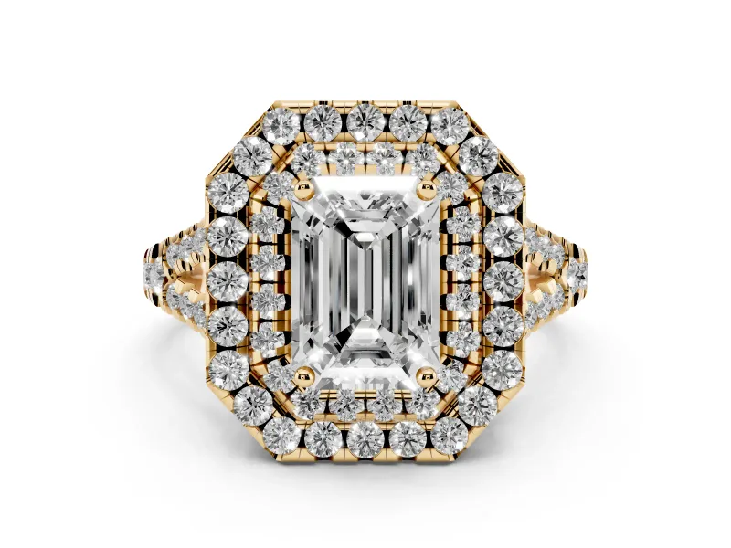 Emerald Cut Diamond Double Halo Ring Set in Yellow gold with Pavé Split Shank and Prong Setting