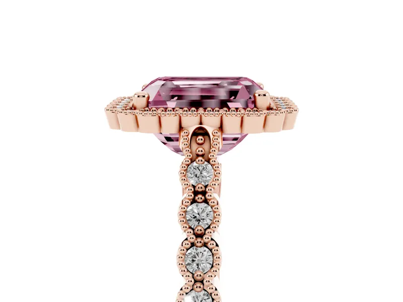 Radiant Cut Milgrain Halo Engagement Ring Setting for a Fancy Pink Lab-Grown Diamond | Beaded Shoulders | Rose Gold