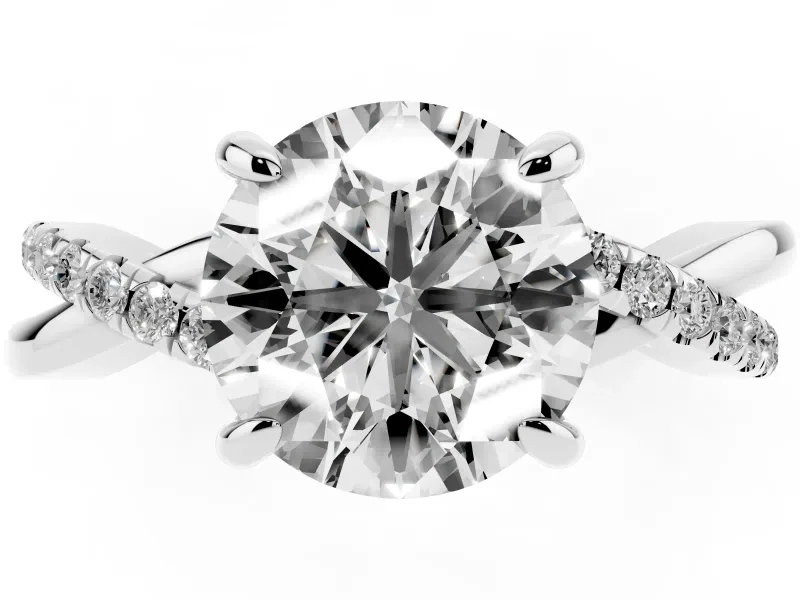 Round Cut Diamond Twist Band Solitaire Set in Silver with Pavé Accents and Prong Setting
