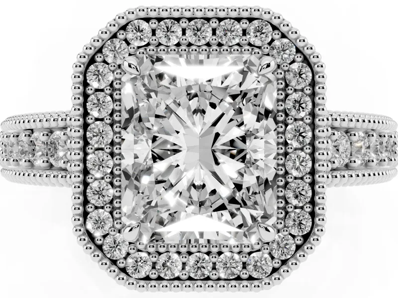 Radiant Cut Diamond Halo Ring Set in Platinum with Round Accent Halo, Pavé Band and Prong Setting