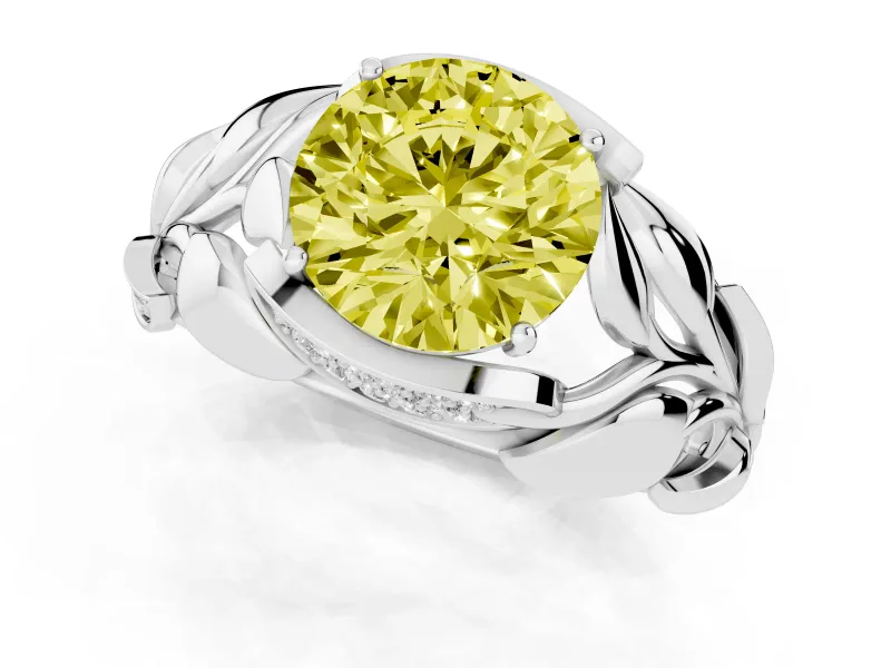 Fancy Yellow Round Cut Diamond Leaf-Inspired Engagement Ring Set in Silver with Round Accents