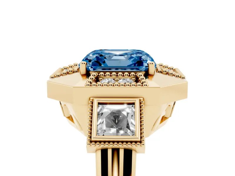 Fancy Blue Asscher Cut Diamond Milgrain Halo Ring Set in Yellow gold with Split Shank