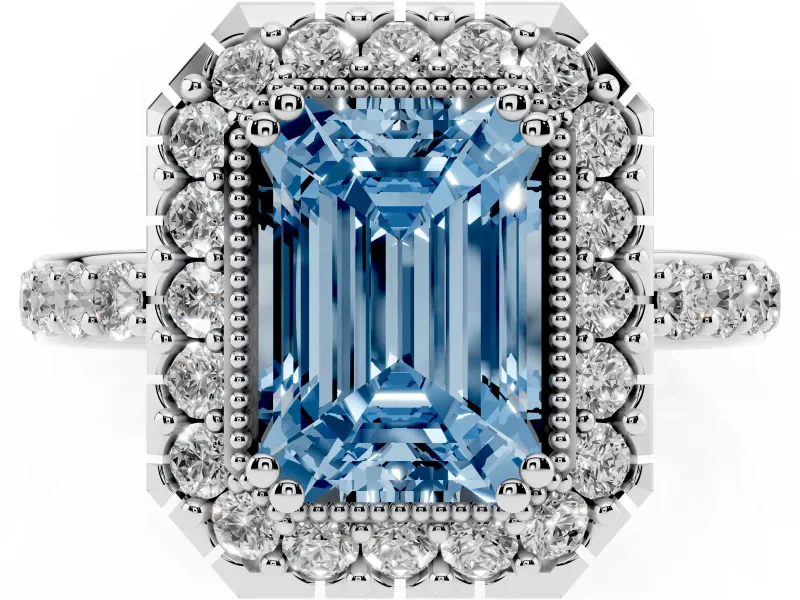 Emerald Cut Milgrain Halo Engagement Ring Setting for a Fancy Blue Lab-Grown Diamond | Pavé Shoulders | Platinum
