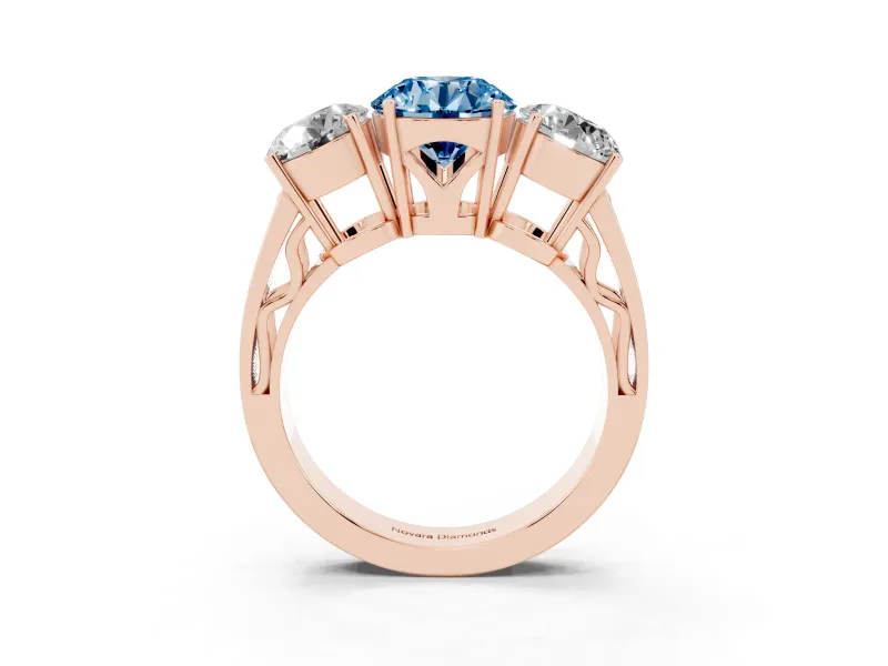 Round Engagement Ring Setting for a Fancy Blue Lab-Grown Diamond | Three Stone | Rose Gold