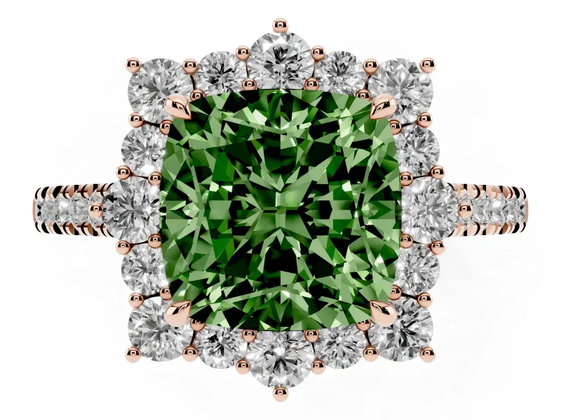 Cushion Cut Scalloped Halo Engagement Ring Setting for a Fancy Green Lab-Grown Diamond | Single Row Pave | Rose Gold