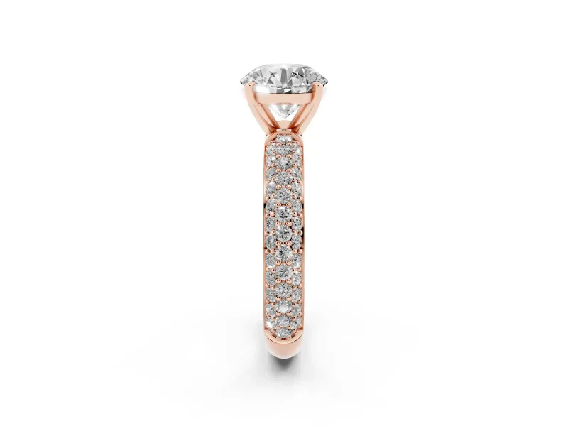Round Cut Diamond Solitaire Ring Set in Rose gold with Prong Setting and Pavé-Set Band
