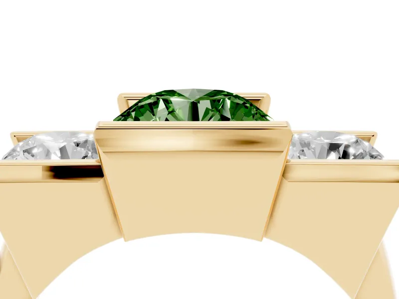 Fancy Green Round Cut Diamond Three-Stone Channel Set Ring Set in Yellow gold with Smooth Polished Band