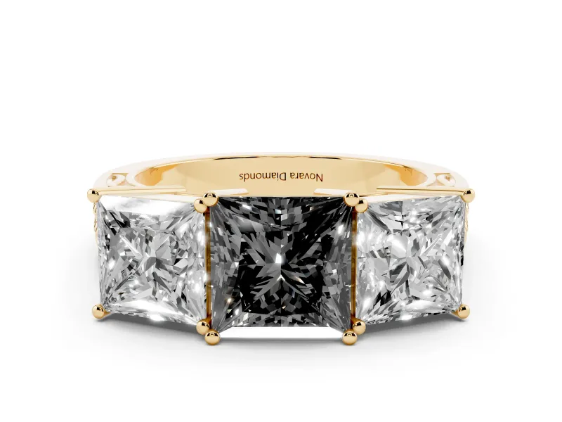Fancy Black Princess Cut Diamond Three-Stone Ring Set in Yellow gold with Textured Band