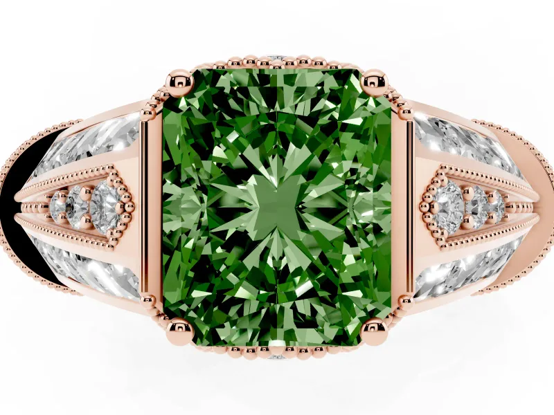 Fancy Green Radiant Cut Diamond Vintage-Inspired Milgrain Ring Set in Rose gold with Accent Split Shank
